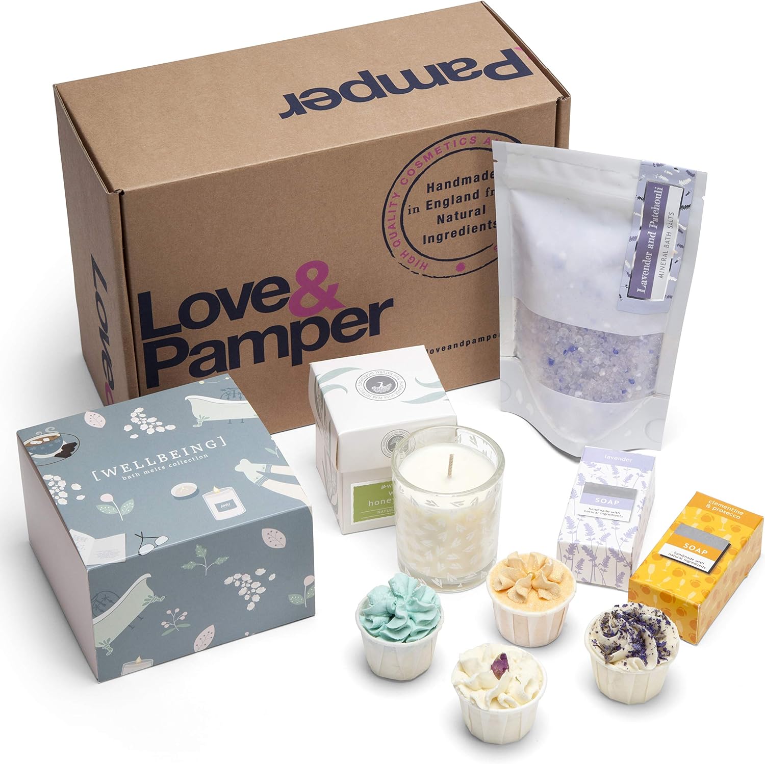 Love & Pamper - Hand Made Relaxation Pamper Wellbeing Gift Set, 4 Relaxation Bath Melts, Dead Sea Bath Salts, Lavender/Patchouli, Soy Wax Candle, Wild Honeysuckle, Lavender Soap, Sweet Orange Soap - 8588