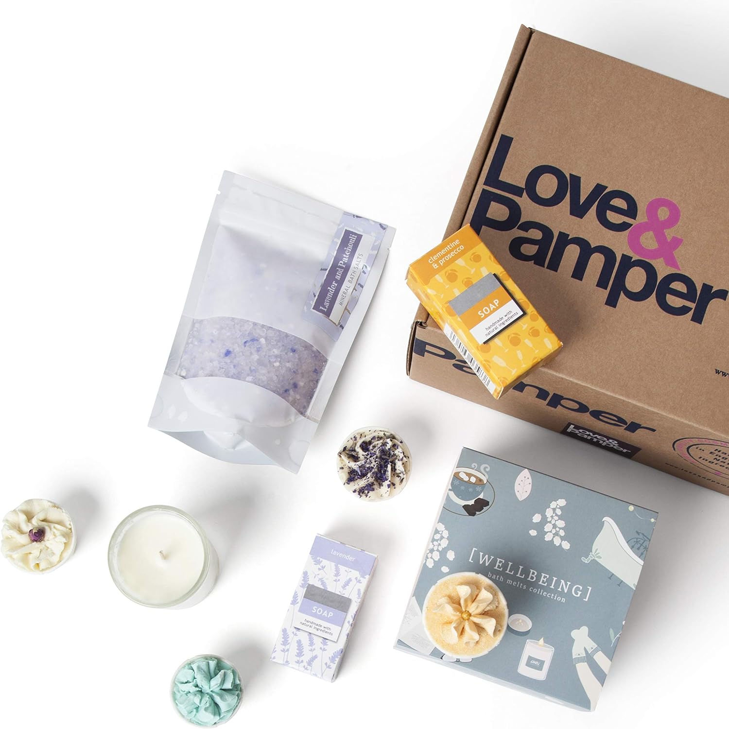 Love & Pamper - Hand Made Relaxation Pamper Wellbeing Gift Set, 4 Relaxation Bath Melts, Dead Sea Bath Salts, Lavender/Patchouli, Soy Wax Candle, Wild Honeysuckle, Lavender Soap, Sweet Orange Soap - 8588