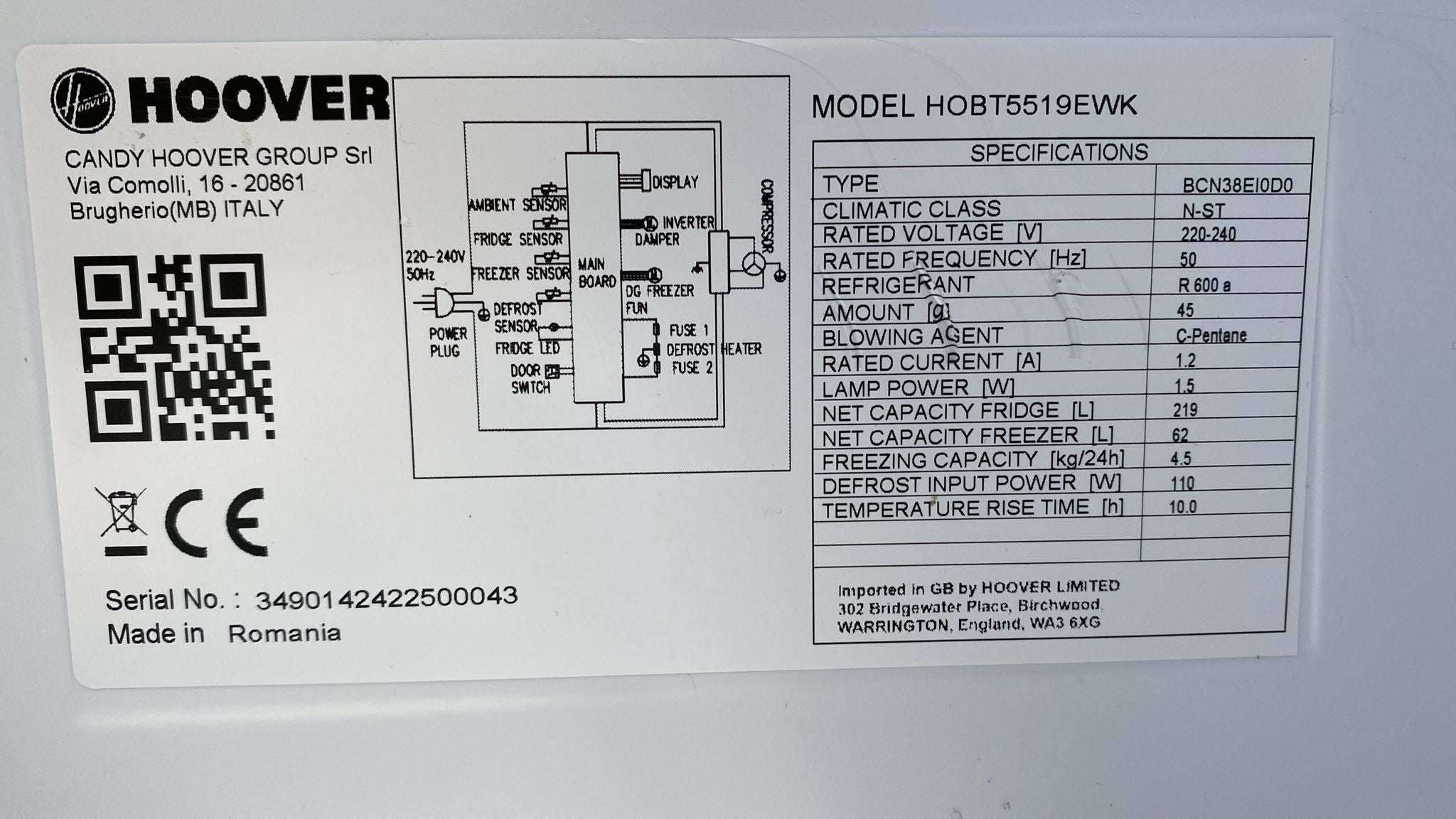 Hoover  HOBT5519EWK  Built In  integrated Fridge Freezer 70/30 Frost Free-6069