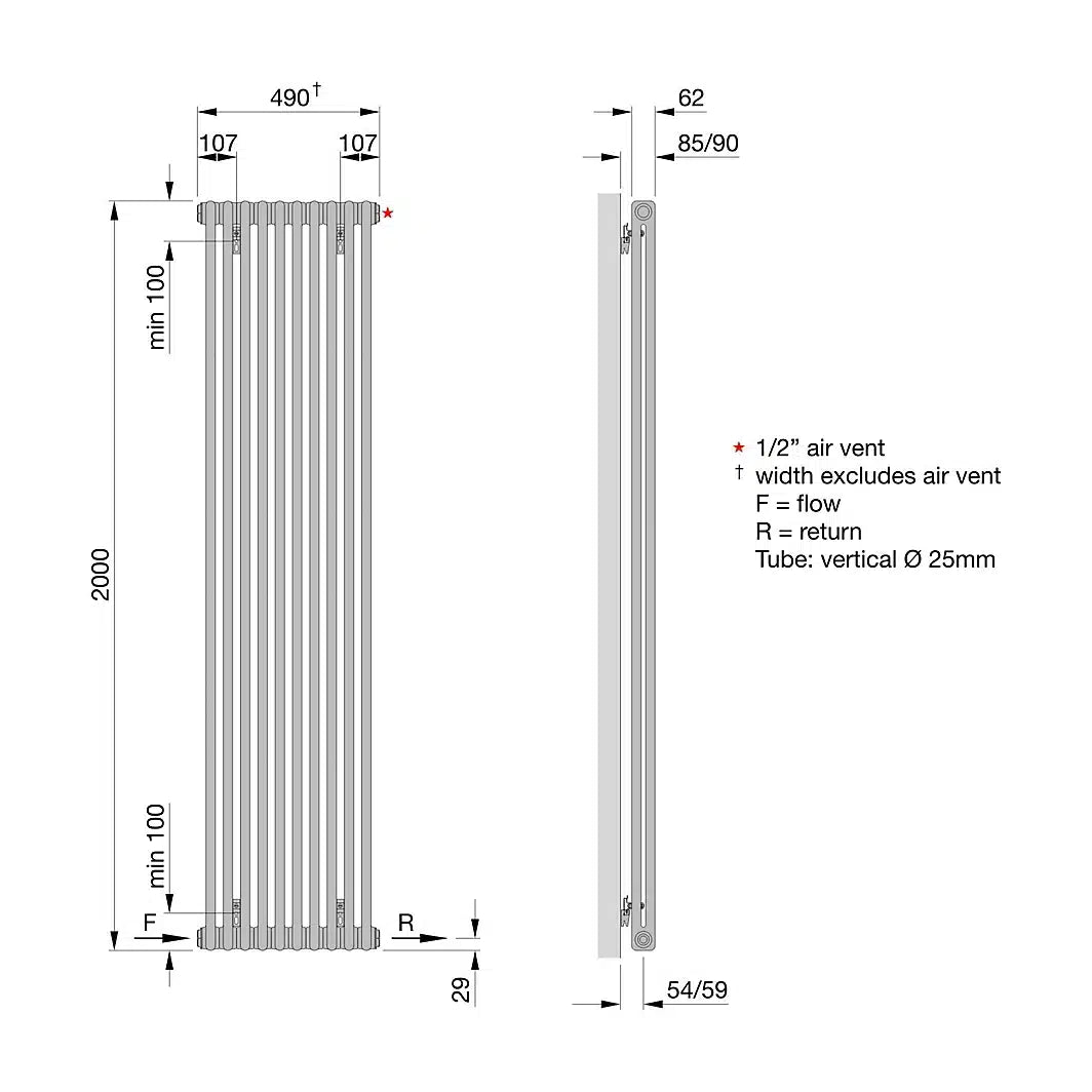 Acova White 2 Column Radiator, (W)490mm x (H)2000mm -1462