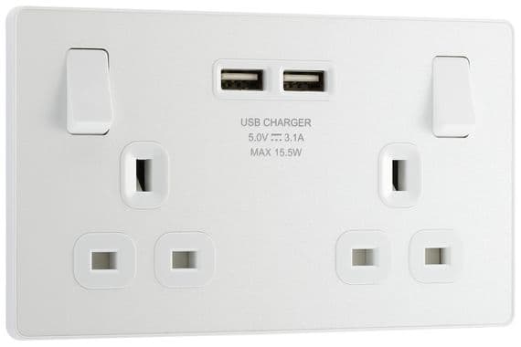 BG Evolve PCDCL22U3W Pearlescent White 13A Double Switched Socket with 2 x USB A (3.1A)-2897