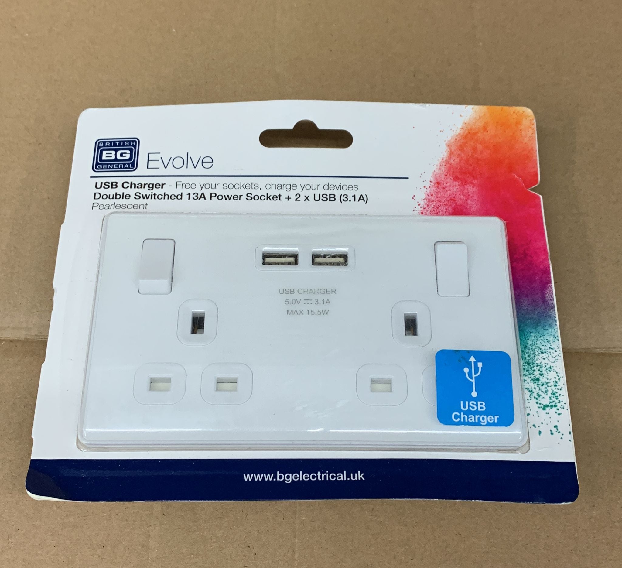 British General Double 13A Screwless Switched Gloss White Socket with USB x2 3.1A & White inserts- 2897