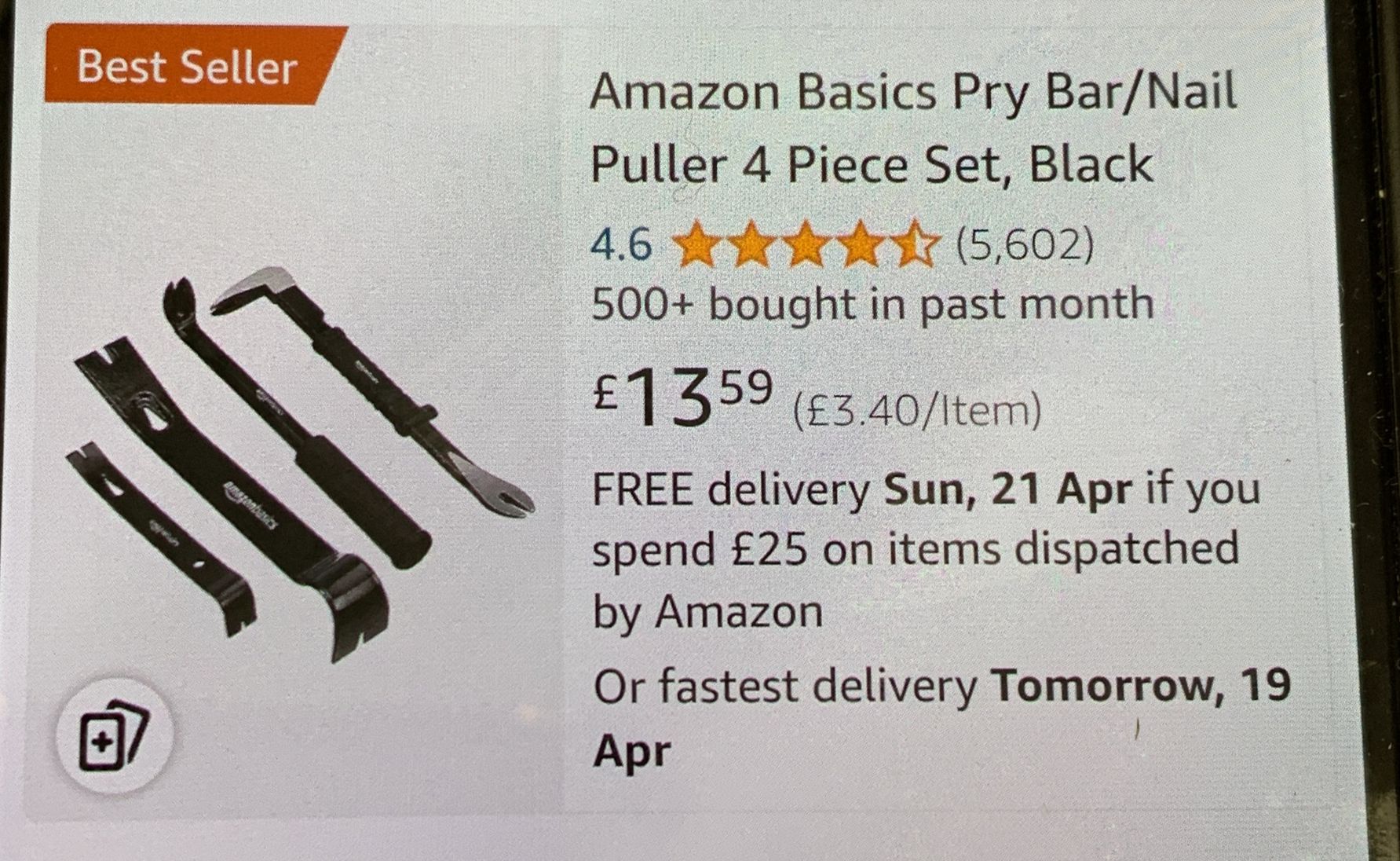 Amazon Basics Pry Bar/Nail Puller 4 Piece Set, Black-6317