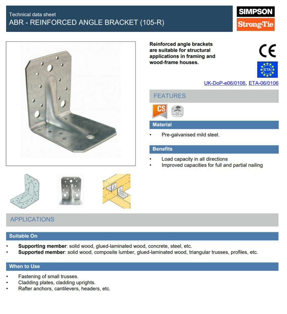 5 Of Simpson Strong-Tie ABR105 R 105mm x 105mm x90mm Reinforced Angle Bracket