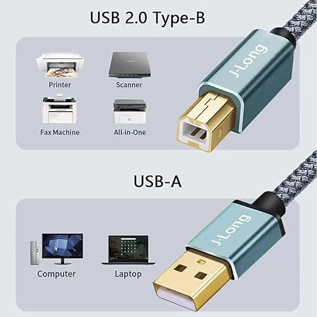 Printer Cable 4M,J•LONG USB Nylon Braided Printer Cable USB 2.0 Type A Male to B Male Scanner Cord High Speed for Brother, HP, Canon, Lexmark,Dell, Xerox, Samsung etc (4m/12ft)- silver/grey-1581