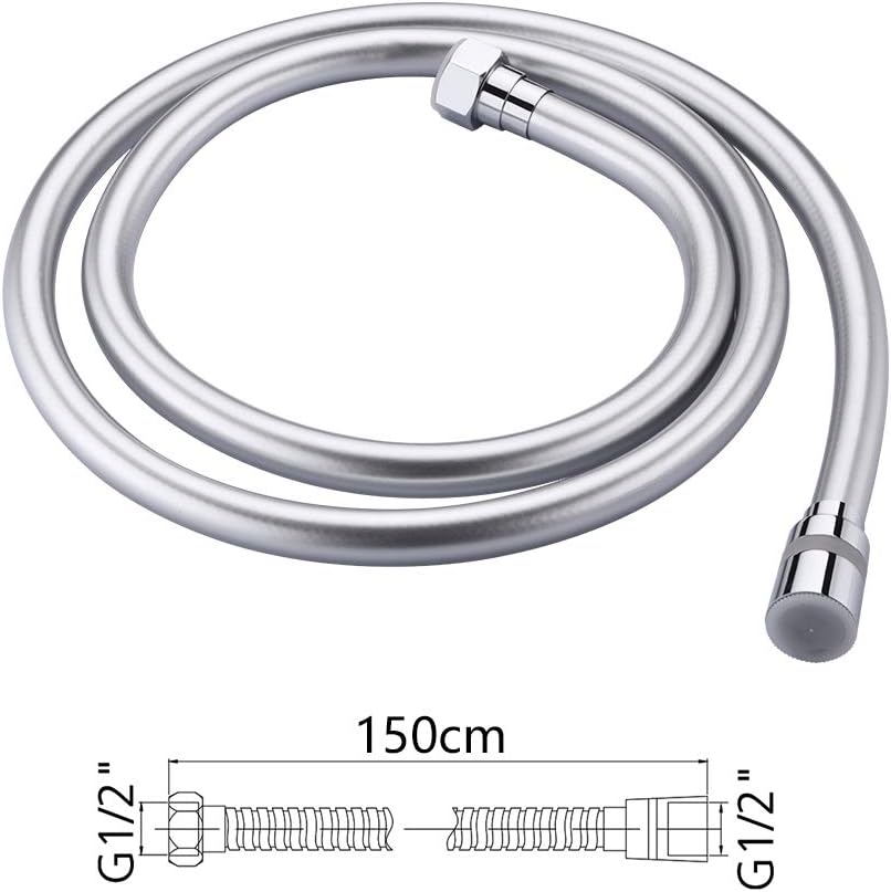 GRIFEMA G852 PVC Smooth Shower Hose 1.5m / 59 inch, Replacement Shower Pipe with Brass Connections, Flexible Anti-Twist, Silver 3515