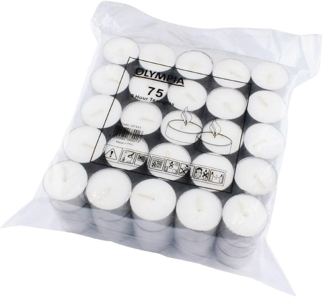 75X Olympia 8 Hour Tealights 340X220mm White Unscented Candles Restaurant 0013