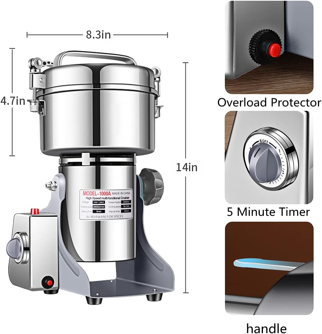 1000g Electric Grain Grinder Spice Grain Mill Stainless Steel-1001