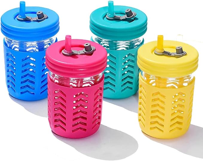 Smiths Mason Jars Set of 4 Spill Proof Glass Jars-8oz or 235ml with Silicone Sleeves & Reusable Straws Mini-6573