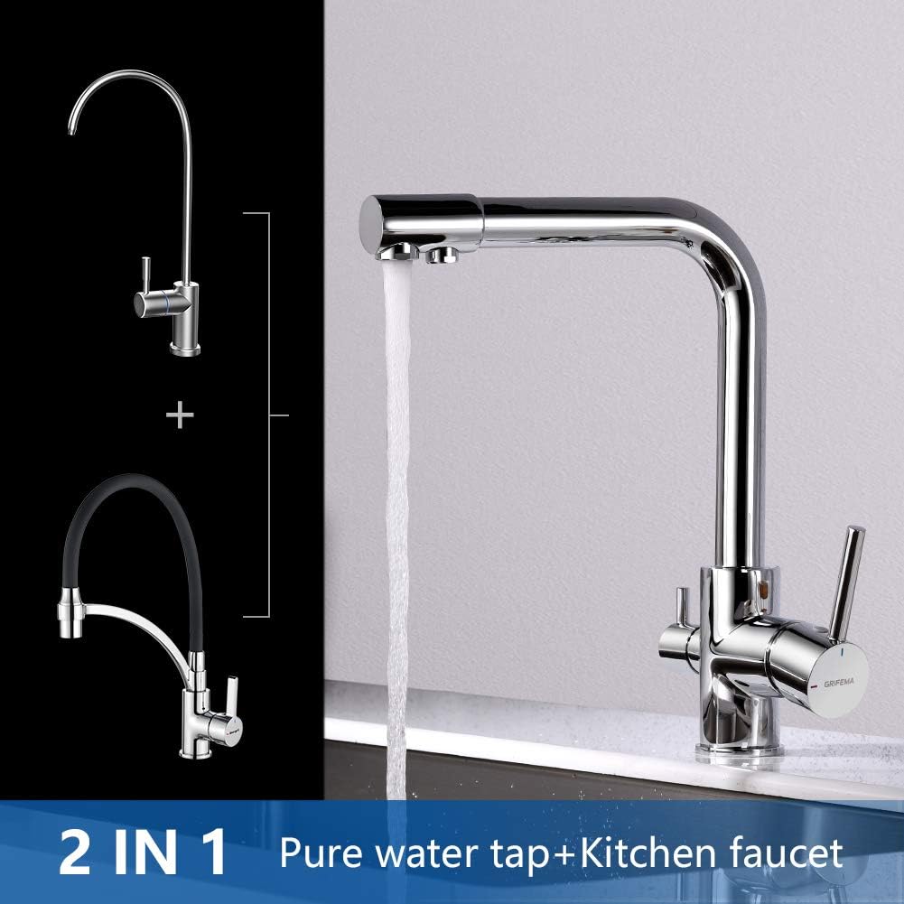 GRIFEMA GRIFERÍA DE COCINA-G4003 3 in1 Kitchen Mixer Tap with Drinking Filtered Water Outlet, Dual Lever Water Sink Tap, 3/8 Inch Hose, Chrome-3294