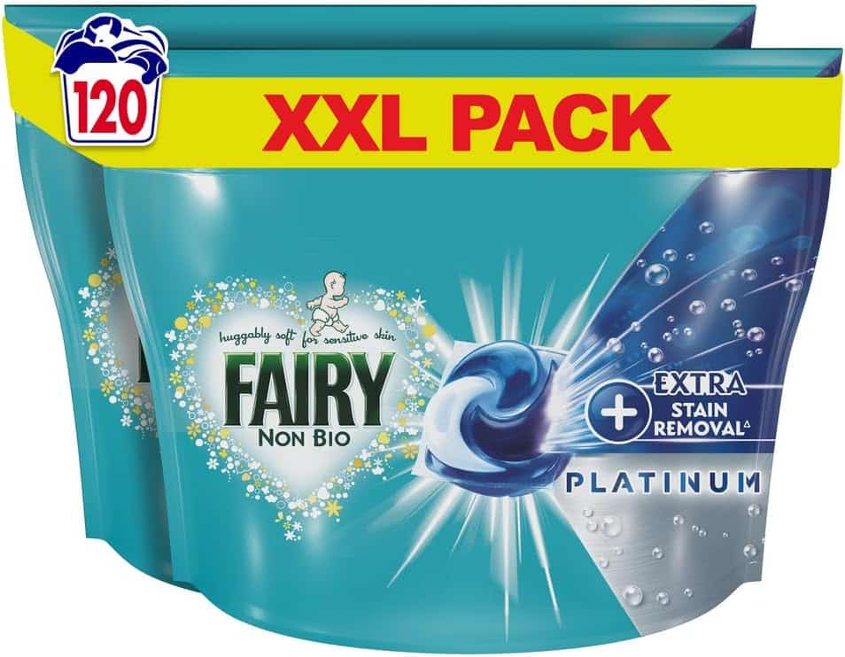 Fairy Non-Bio Platinum PODS, Washing Liquid Laundry Detergent Tablets-Pack of 2-(60 x 2) with Extra Stain Removal-0962