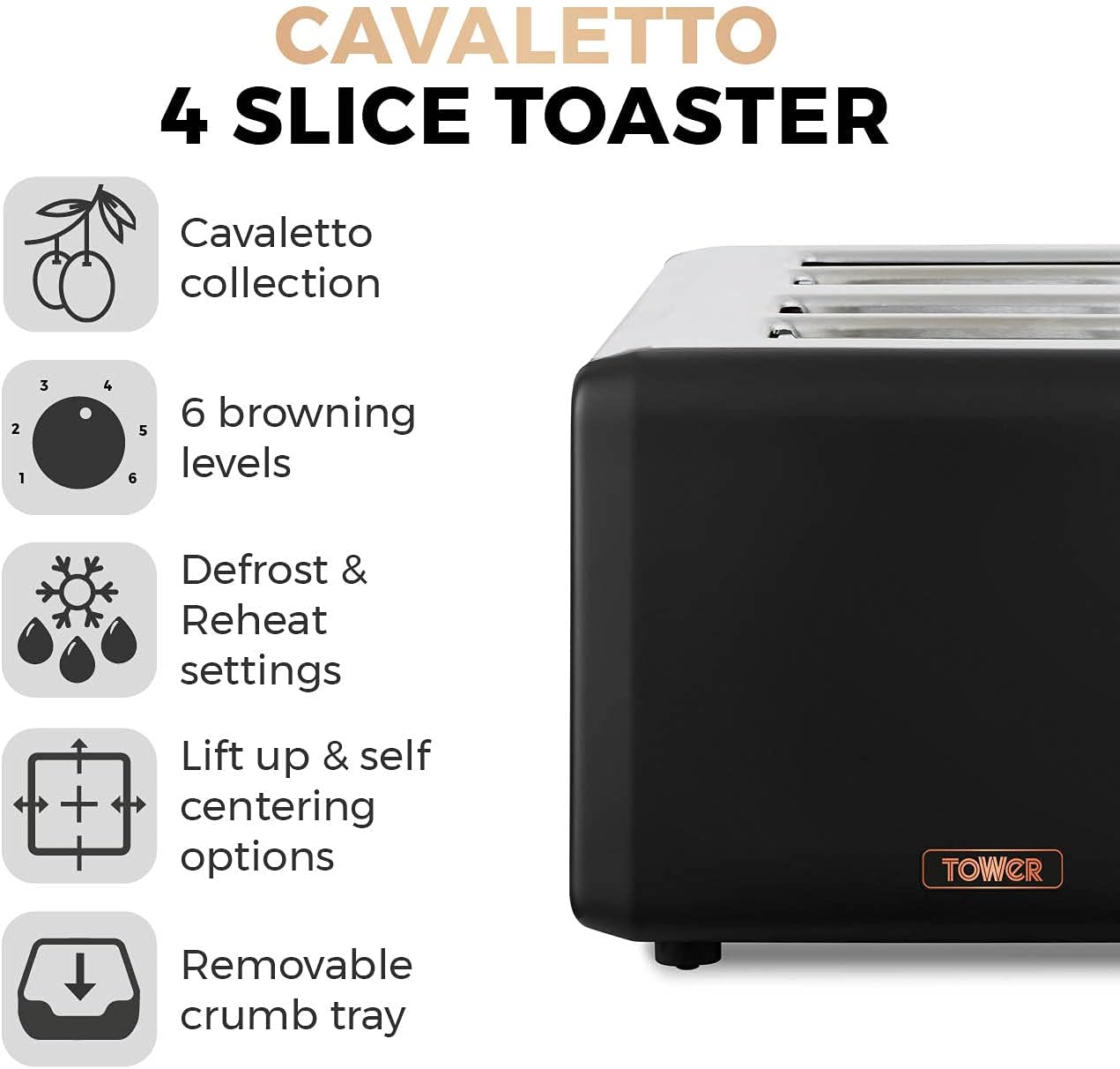 Tower T20051RG Cavaletto 4-Slice Toaster with Defrost/Reheat, Stainless Steel, 1800 W, Black and Rose Gold 8829