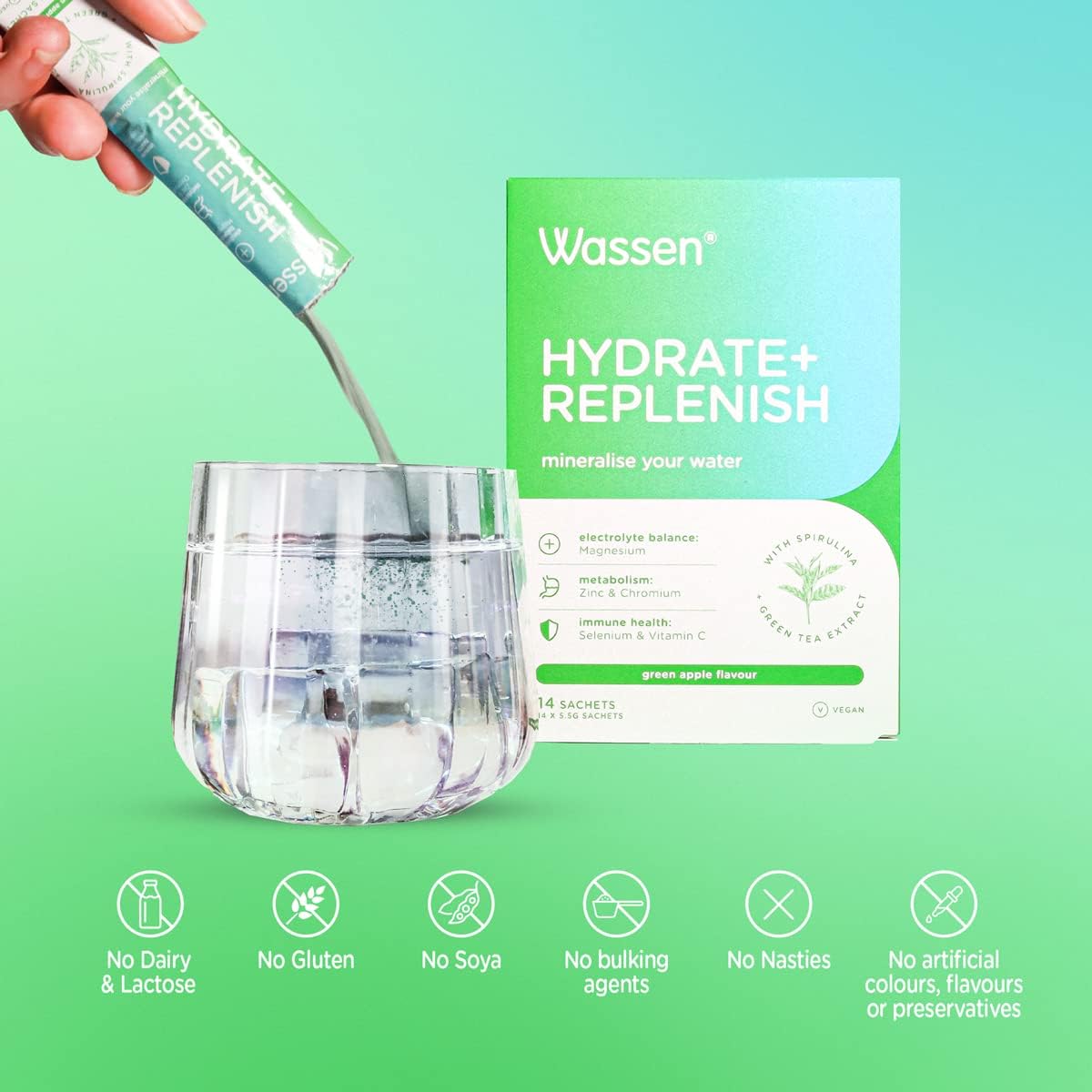 Wassen Hydrate + Replenish - Electrolyte Balance - Magnesium, Spirulina & Green Tea - Powder Supplement - 14 Sachets 0399