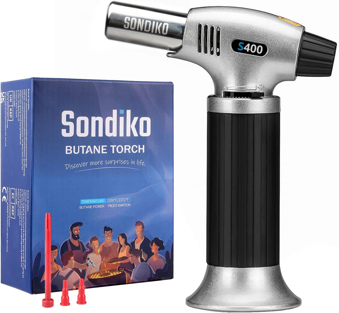 Sondiko Butane Torch S400, Refillable Kitchen Lighter, Fit All Butane Tanks Blow Torch with Safety Lock and Adjustable Flame for Desserts, Creme Brulee, and Baking—-4188