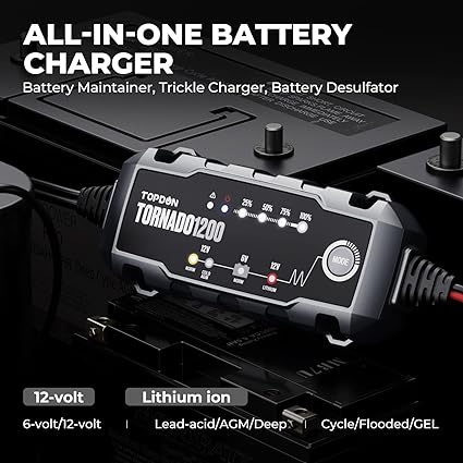 TOPDON Car Battery Charger,6V/12V 1.2A Automatic Battery Charger,Battery Maintainer, Trickle Charger with 5-Stage Charging with Temperature Compensation-2064