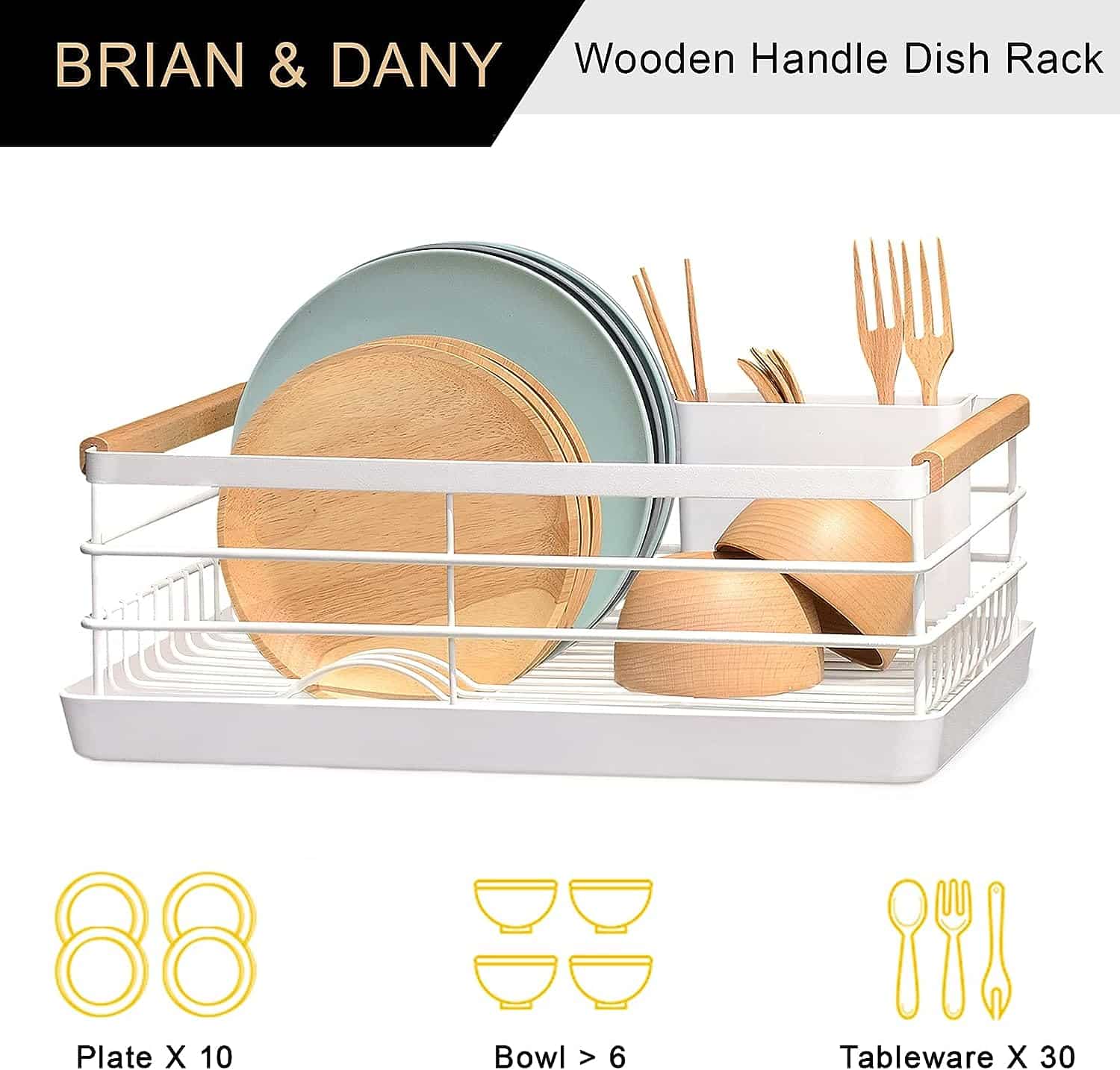 BRIAN & DANY Stainless Steel Dish Drainer with Thickening Drip Tray and Wooden Handles 9174