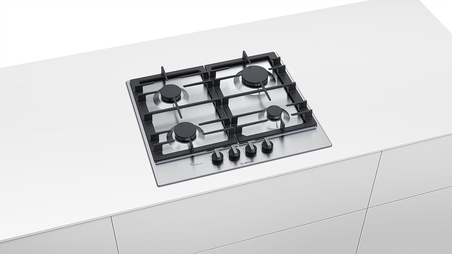 Bosch Series 4 PCP6A5B90 Gas Hob with 4 Gas Burners, FlameSelect, Continuous Cast Iron support, Biomethane Ready, Integrated, Stainless Steel, 60cm wide- 7468
