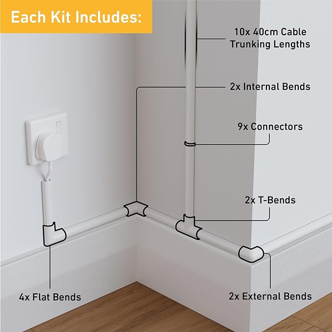 D-Line Micro+ Cable Trunking 4-Meter Pack, Half Round Cable Cover, Paintable, Self-Adhesive Wire Cover, Hide TV Wires, Cable Management - 10x 20mm (W) x 10mm (H) x 40cm Lengths & Accessories - White-7779