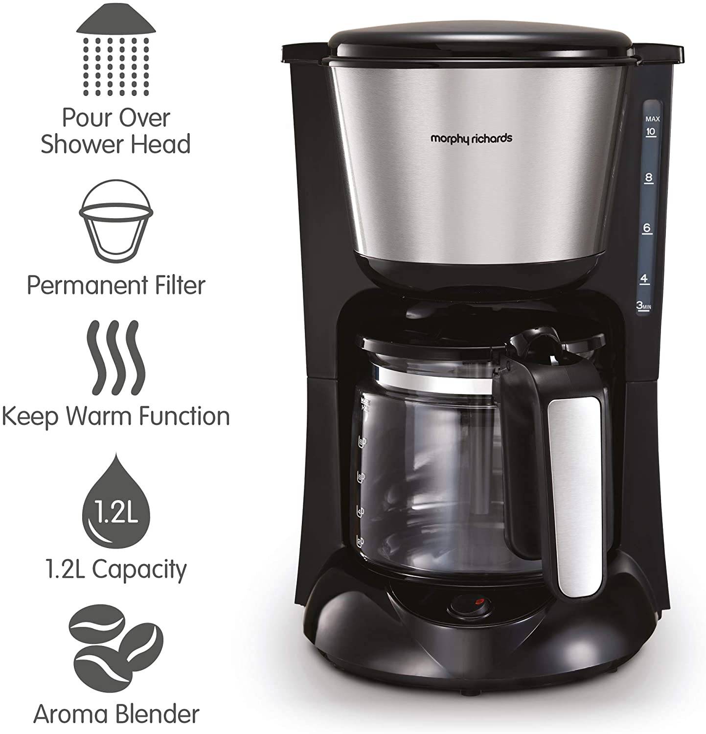 Morphy Richards 162501 Equip Filter Coffe Machine Pour Over Technology for Fuller Flavour, Glass, 1000 W, 1.2 liters, Silver