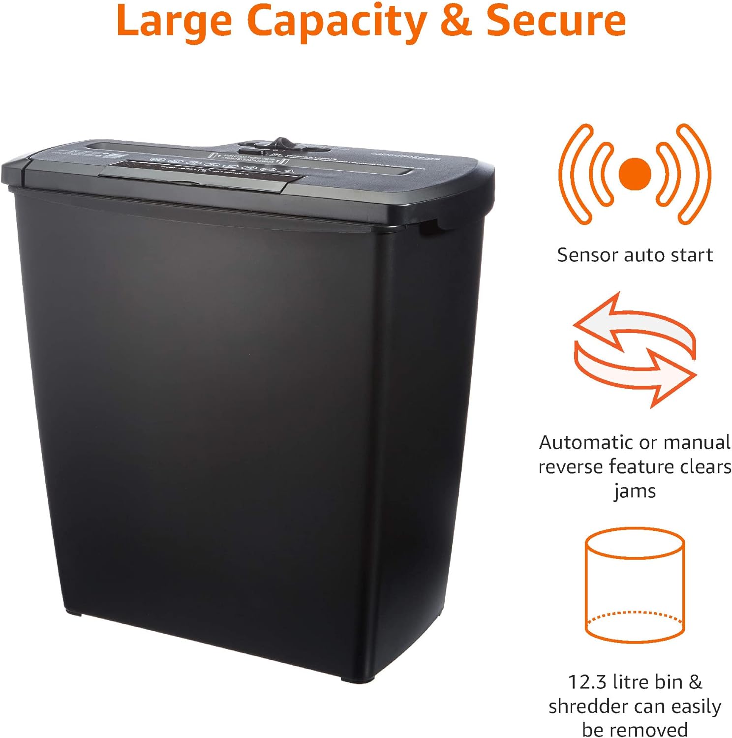 Amazon Basics 7-8 Sheet Strip Cut Paper, Credit Card, CD & DVD Shredder with Bin for Business & Home Office Use with Paper Reverse Function, Black 7032