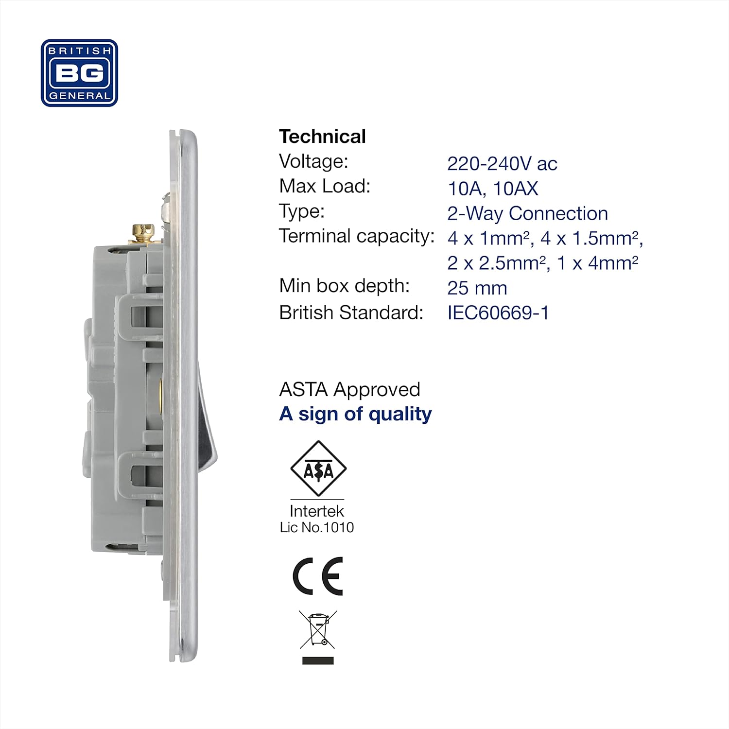 BG Electrical Screwless Flat Plate Triple Light Switch, Brushed Steel, 2-Way, 3-Gang,10AX 6170