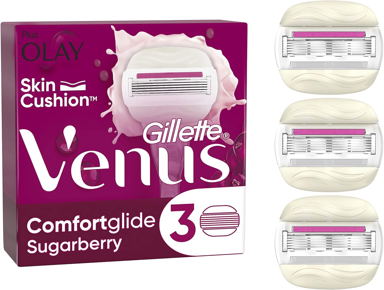 Gillette Venus ComfortGlide Sugarberry with Olay Razor Blades Women, Pack of 3 2-In-1 Razor Blade Refills, Lubrastrip with A Touch of Vitamin E 5807