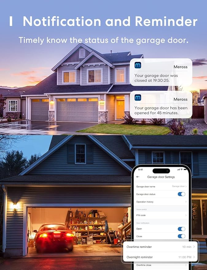 Meross Smart Garage Door Opener, Voice/Remote Control, Auto Close, with Timer, Add-On to Existing Garage Opener, Compatible with Amazon Alexa, Google Assistant, SmartThings, 2.4GHz WiFi Only-0896