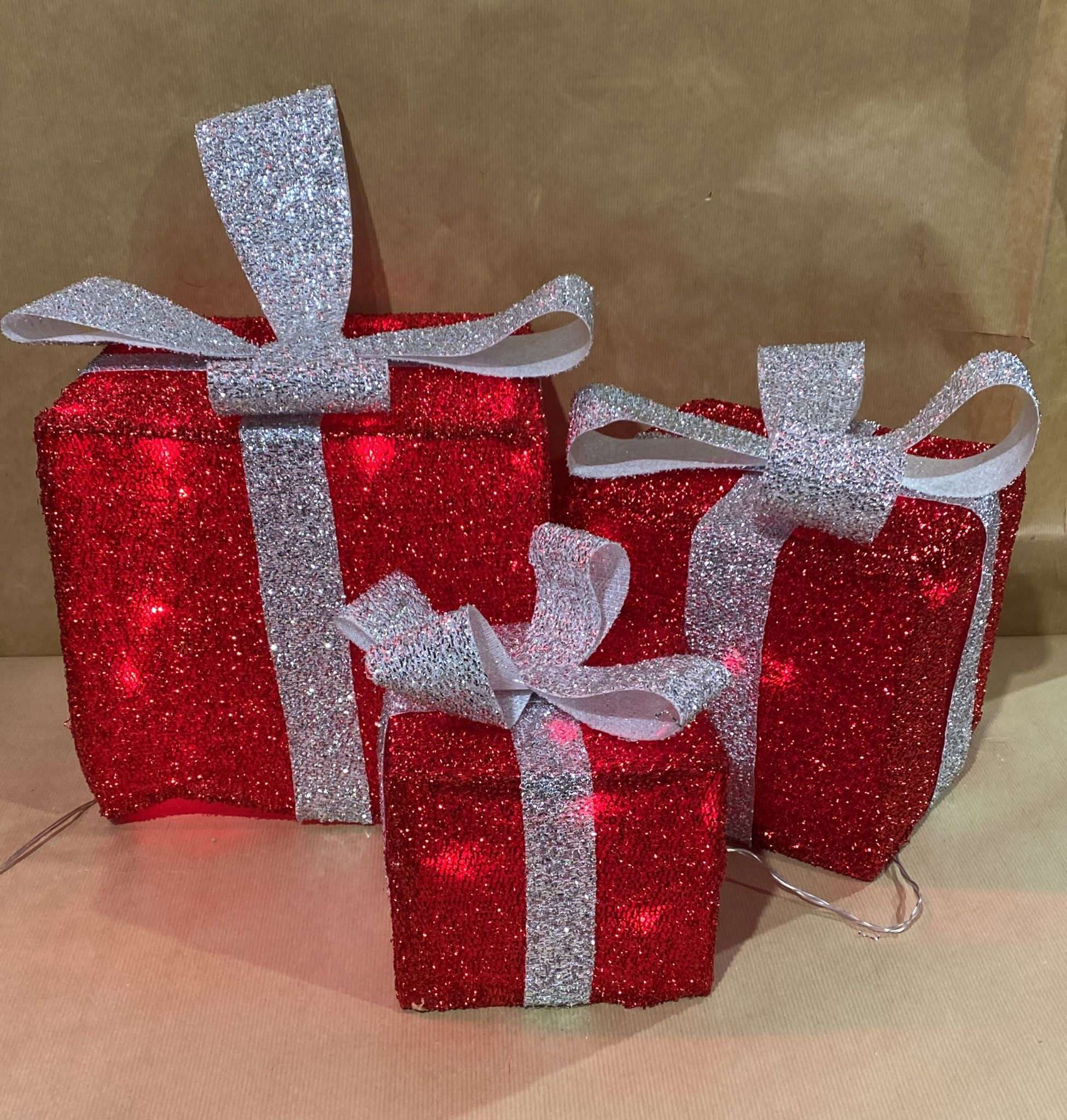 Gift Box Silhouette with Red LED Lights and Tinsel Christmas Decoration - Red , Set of 3 - 1844