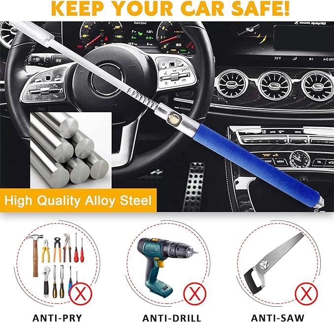 Turnart Steering Wheel Lock Universal Car Lock Anti-Theft Device Retractable Steering Lock with 3 Keys for Auto/Truck/SUV/Van(Blue)
