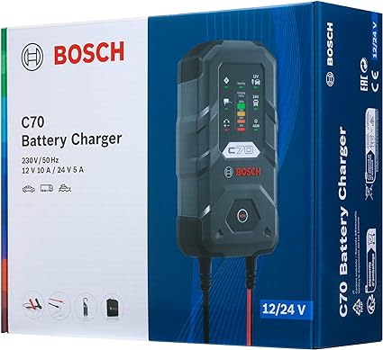 Bosch C70 Car Battery Charger, 10 Amps, With Trickle Function - For 12V/24V Lead-acid, EFB, GEL, AGM and open VRLA Batteries, Comes with a UK Style Plug-0526