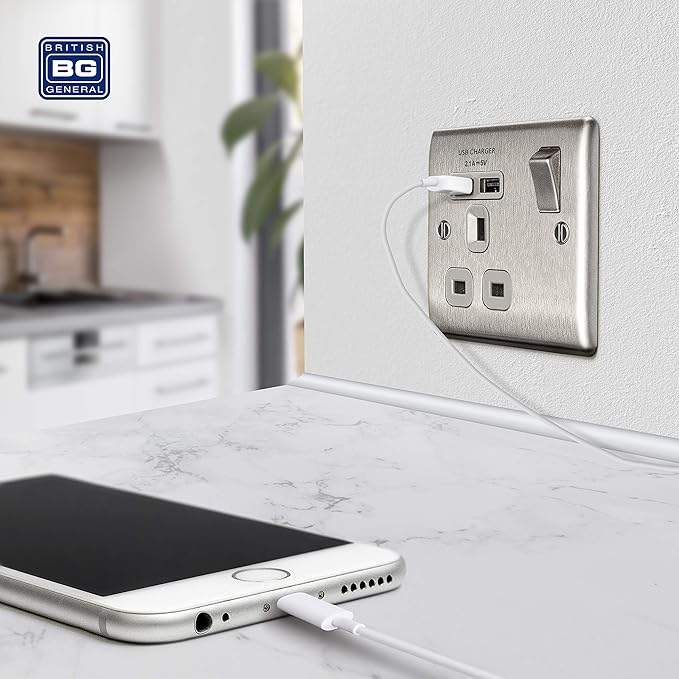 BG Electrical nbs21ug Fast Charging Switched Single Socket with Two Charging USB Ports, Brushed Steel-7650