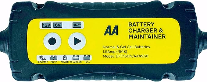 AA AA4956 Car Battery Charger Maintainer UK Plug Fully Automatic with Crocodile Clamps Eyelet Connectors As Used By AA Patrols,Black/Yellow,1.5 Amp 6 V/12 V-4956