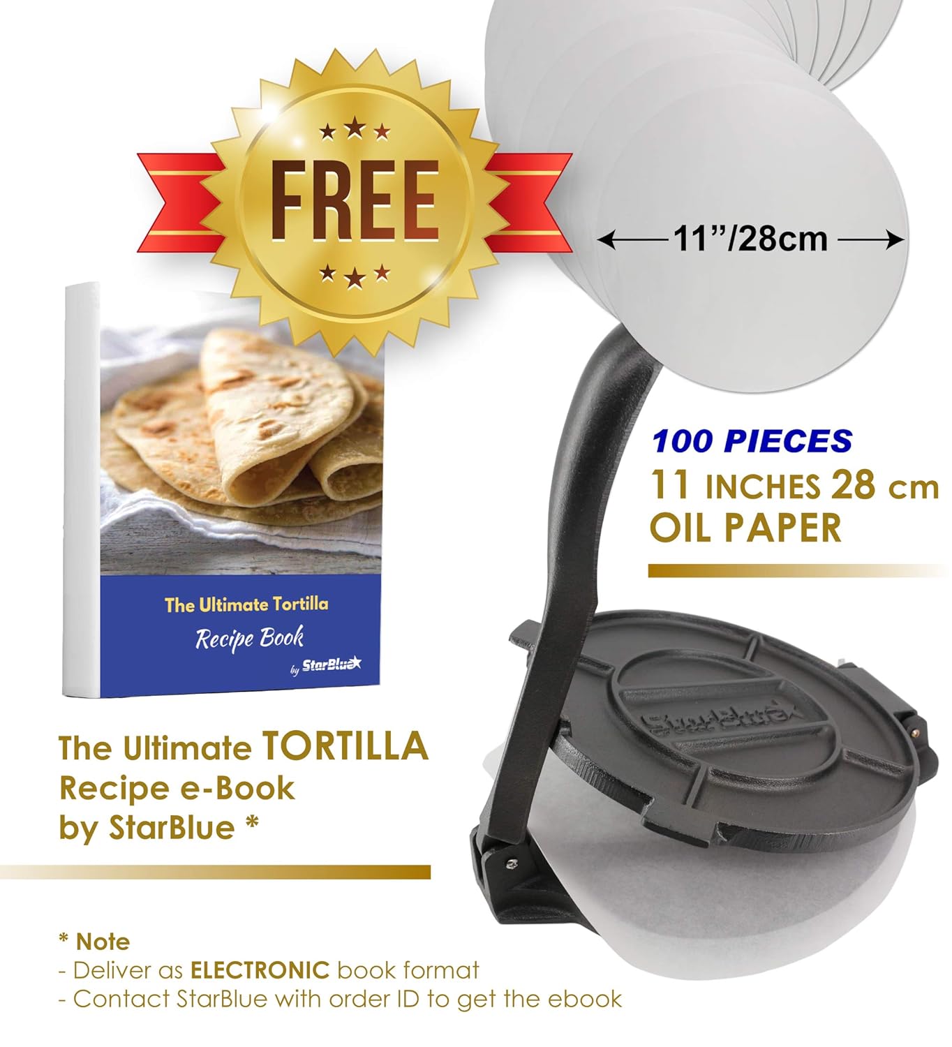 StarBlue 10 Inch Cast Iron Tortilla Press with 100 Pieces Oil Paper (Black)-2477