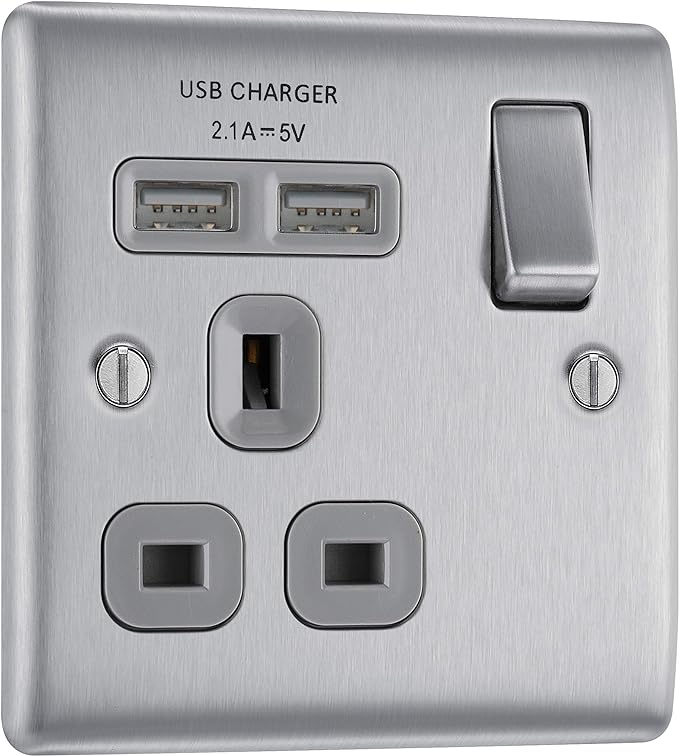 BG Electrical nbs21ug Fast Charging Switched Single Socket with Two Charging USB Ports, Brushed Steel-7650