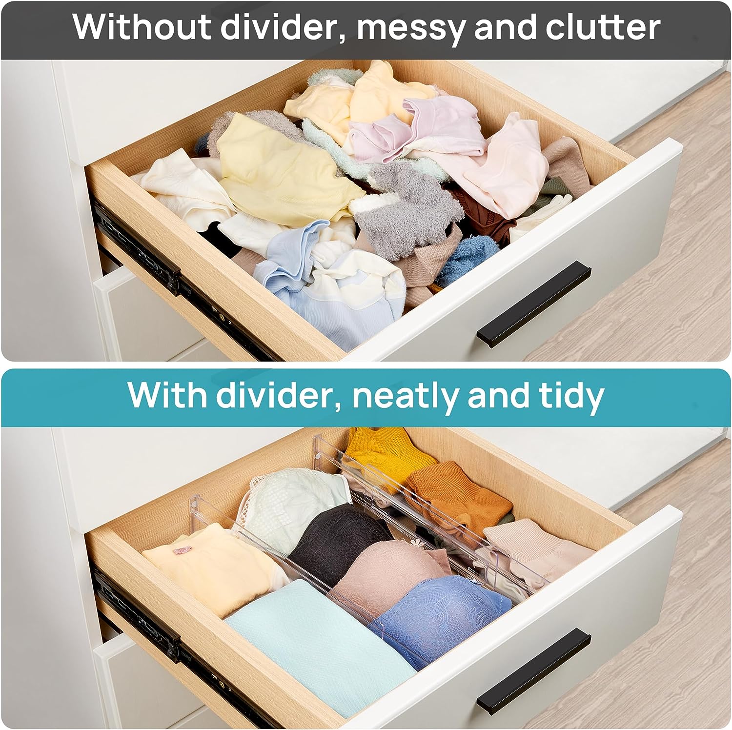 Vtopmart 8 Pack Drawer Dividers, 3.2" High Expandable from 12.2-21.7" Adjustable Drawer Organisers，Clear Plastic Drawers Separators for Clothing, Kitchen Utensils and Office Storage-0003