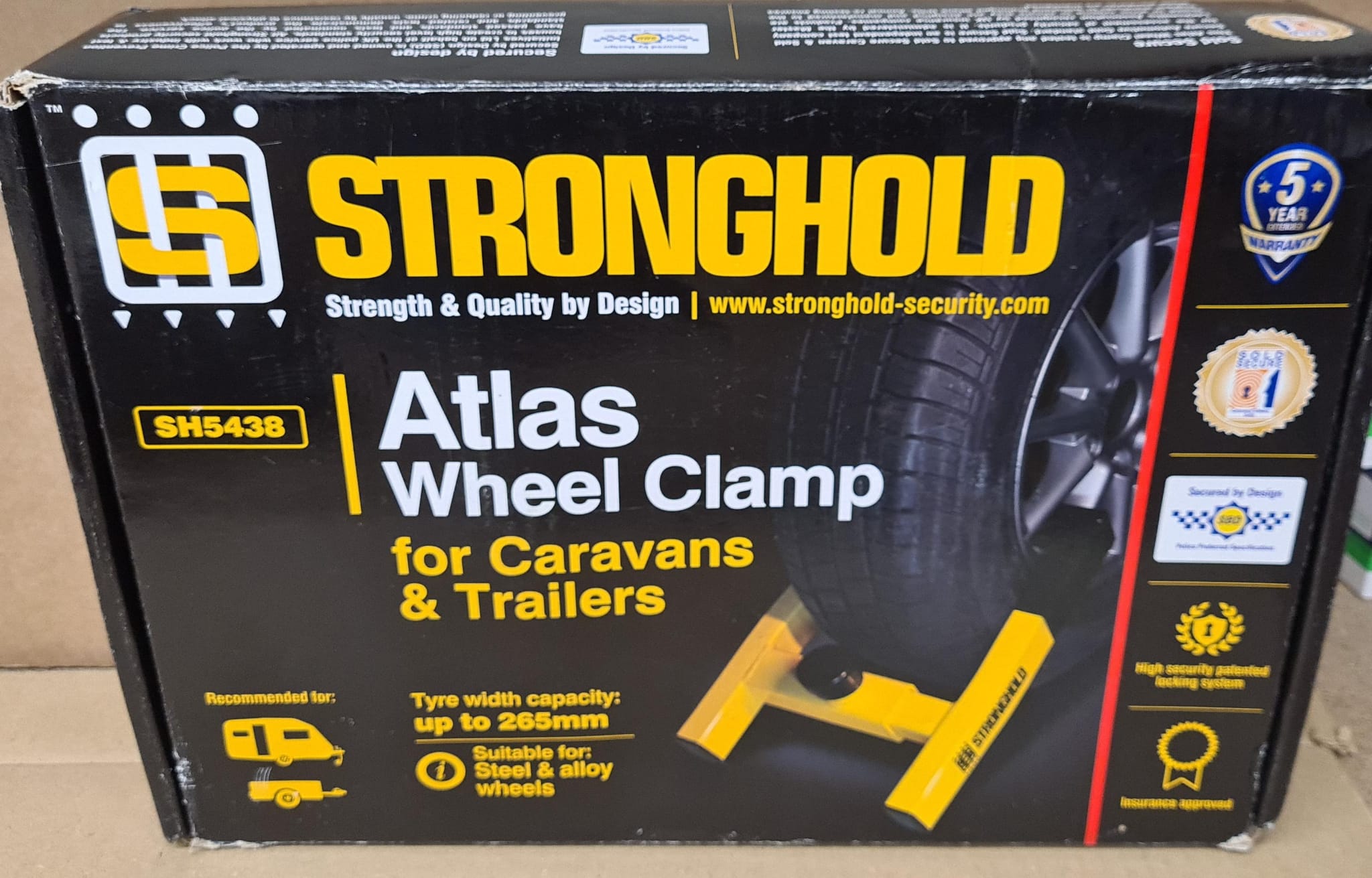 Stronghold Atlas Caravan & Trailer Wheel Clamp Fits Alloy and Steel Wheels with Tyres Up To 265 mm Wide Sold Secure Gold Standard -4383