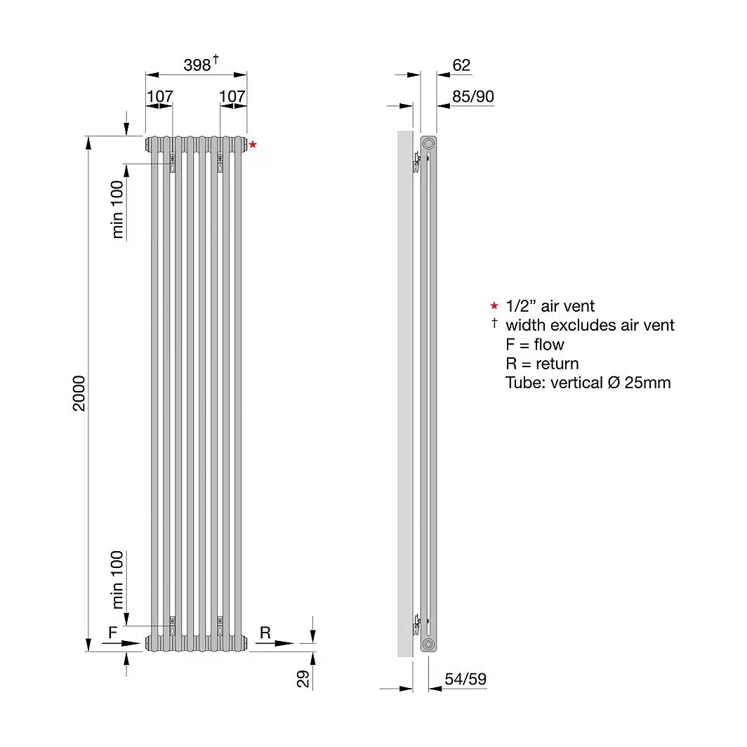 Acova White 2 Column Radiator (W)398mm x (H)2000mm 1455