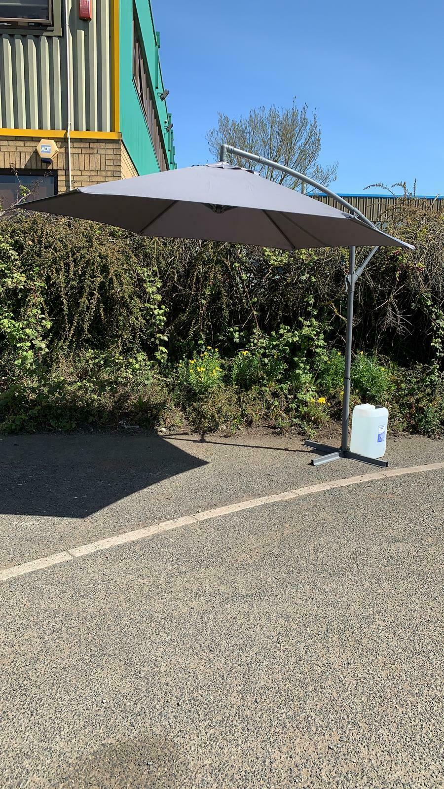 Blooma 3M Hanging Cantilever Parasol with Crank Handle, Tilt Function & UV Protection (Large Wide Base Frame Garden Outdoor 3 Meter) (Grey)