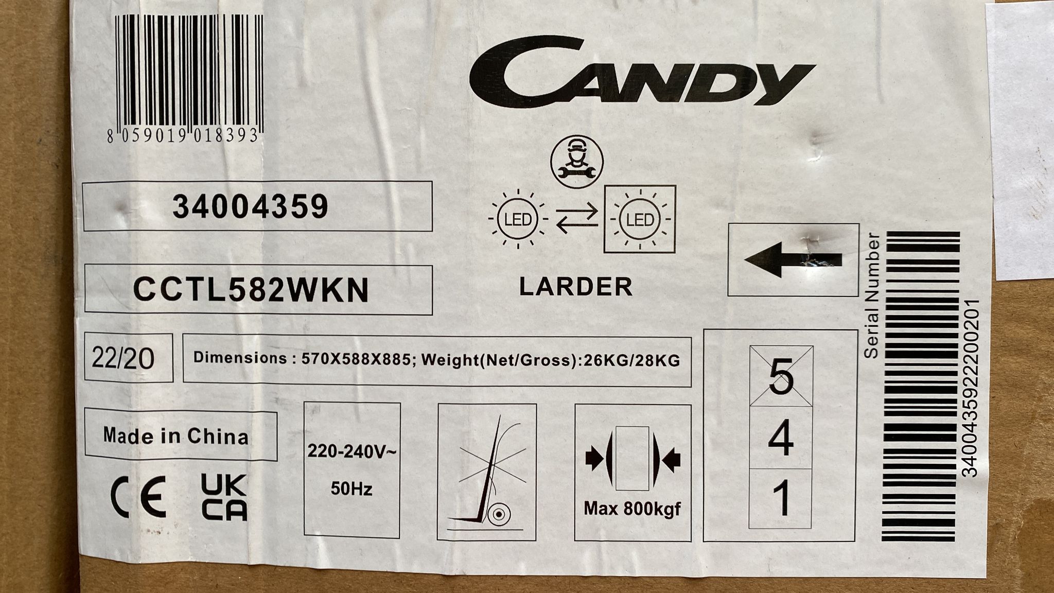 Candy Under Counter Larder Fridge-Freestanding-CCTL582WKN- 125L-8393