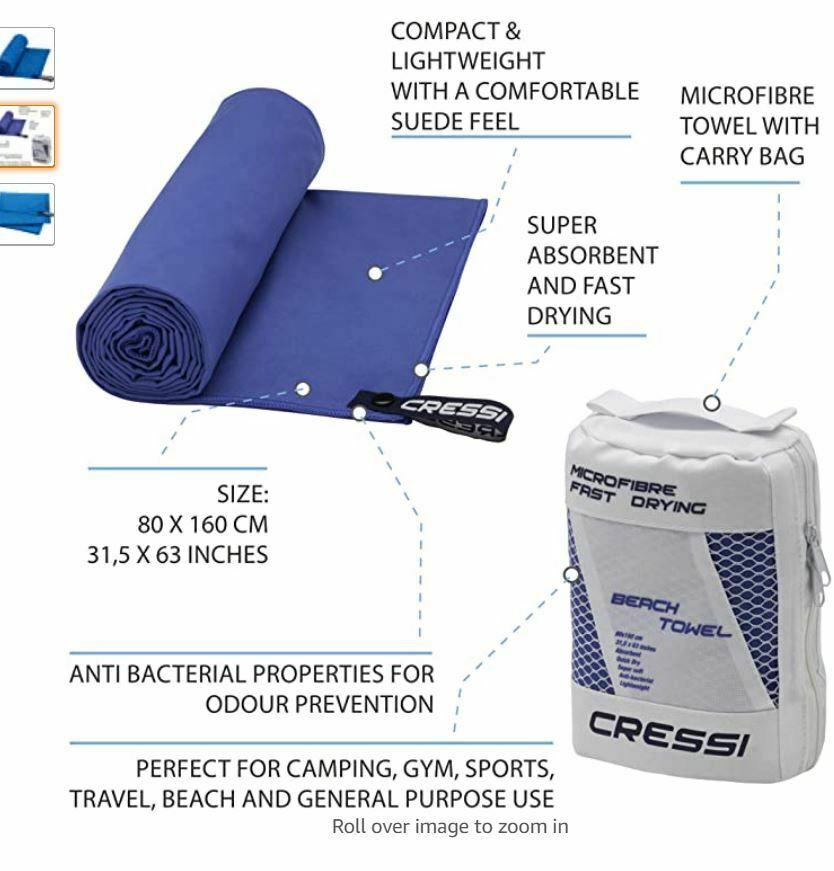 Cressi 120cm Microfibre Towel- Blue-46&quot; x 23&quot; - New- 3008