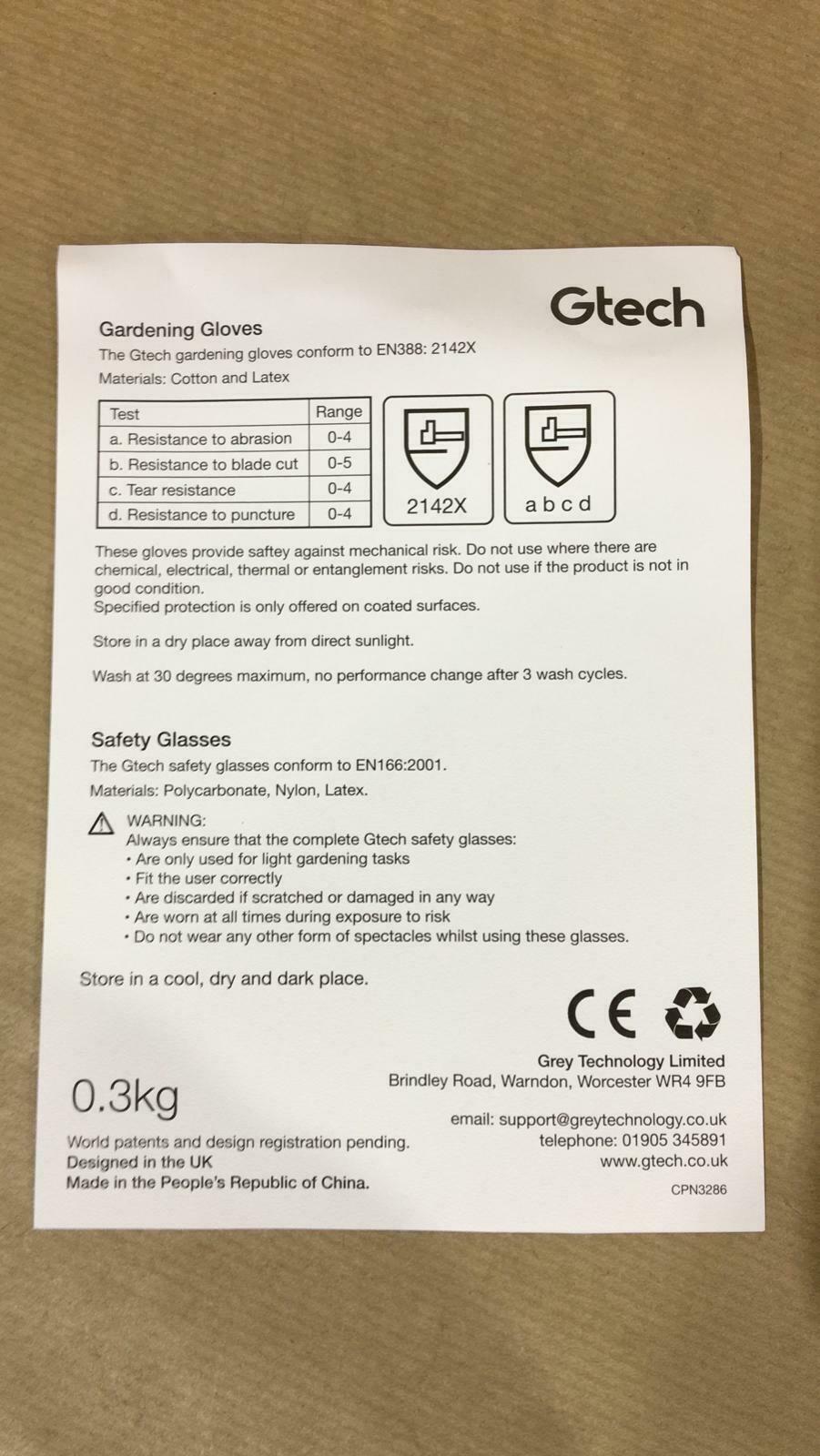 Gtech Garden Safety Kit - large (Protective Glasses &amp; Gardening Gloves) 109