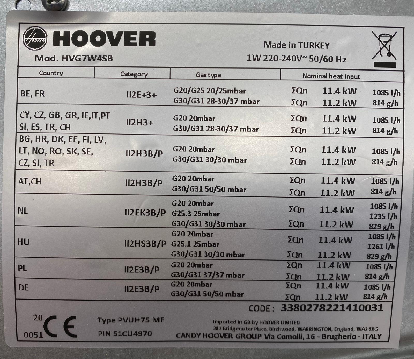 Hoover Gas Hob 74cm Black HVG7W4SB 0015