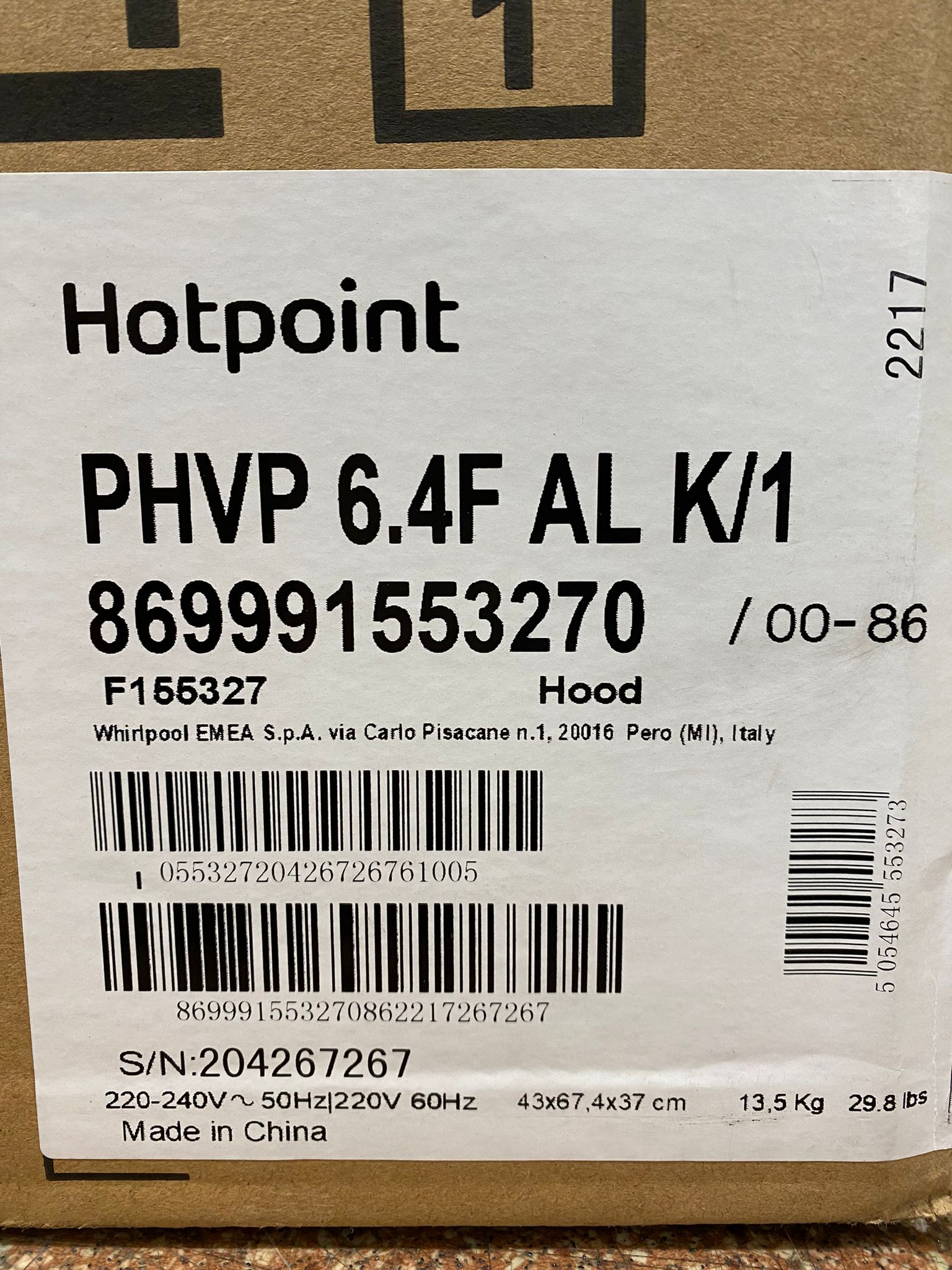 Hotpoint Chimney Cooker Hood 60cm Black PHVP6.4FALK/1 3273NO