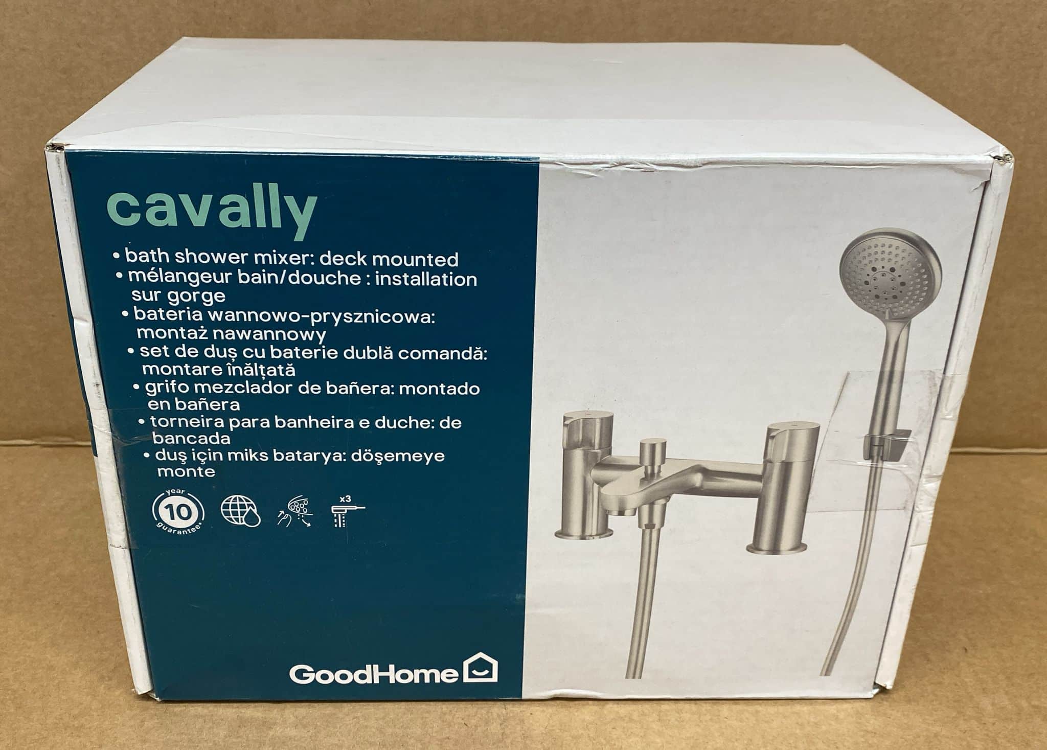 GoodHome Cavally Nickel effect Ceramic disk Freestanding Mixer tap with shower kit 5484