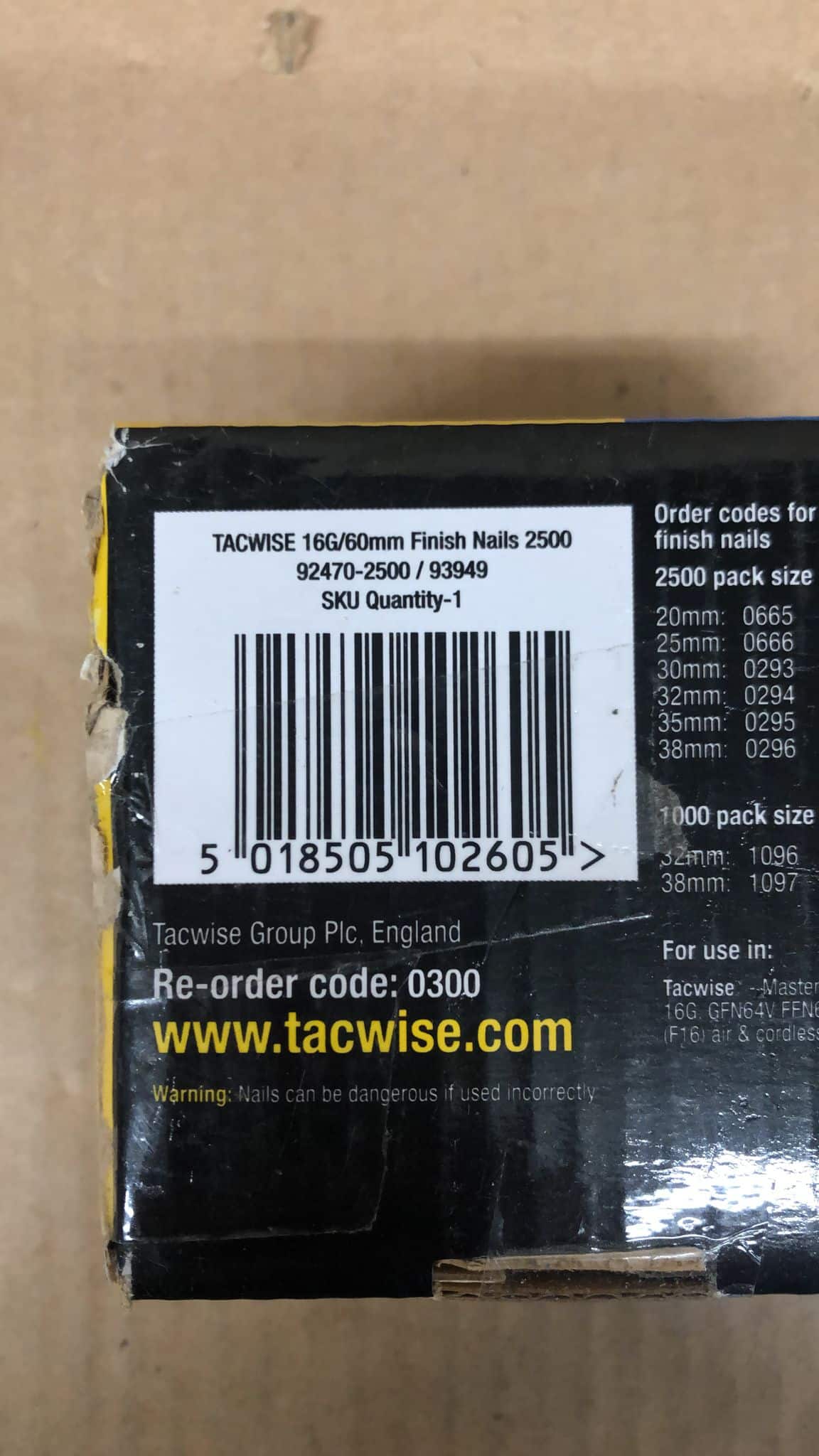 TACWISE 0300 Type 16G / 60 mm Galvanised Finish Nails, Pack of 2500 2605