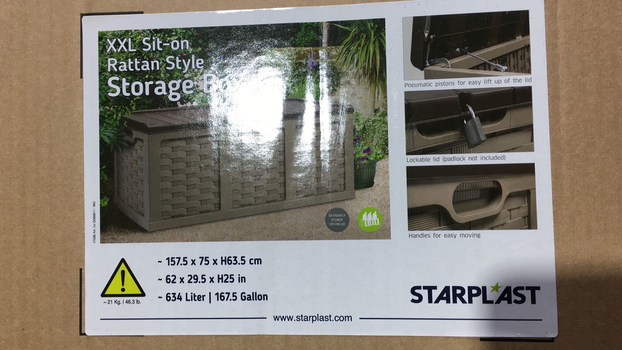 Starplast 634 Litre XXL Sit-on Rattan Style Garden Storage Box - Mocha 8975