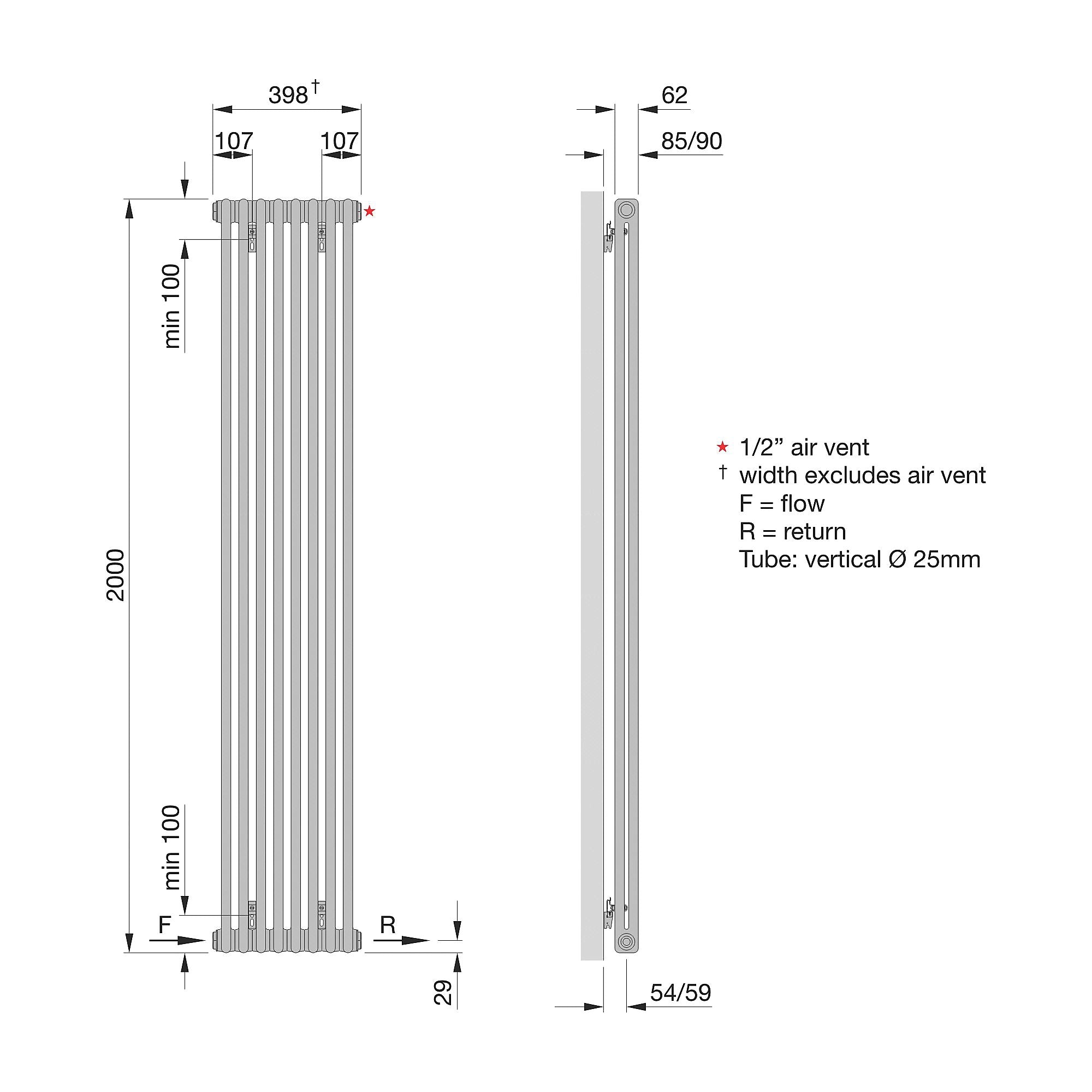 Acova 2 Column Radiator, White (W)398mm (H)2000mm 3767BTU 1455