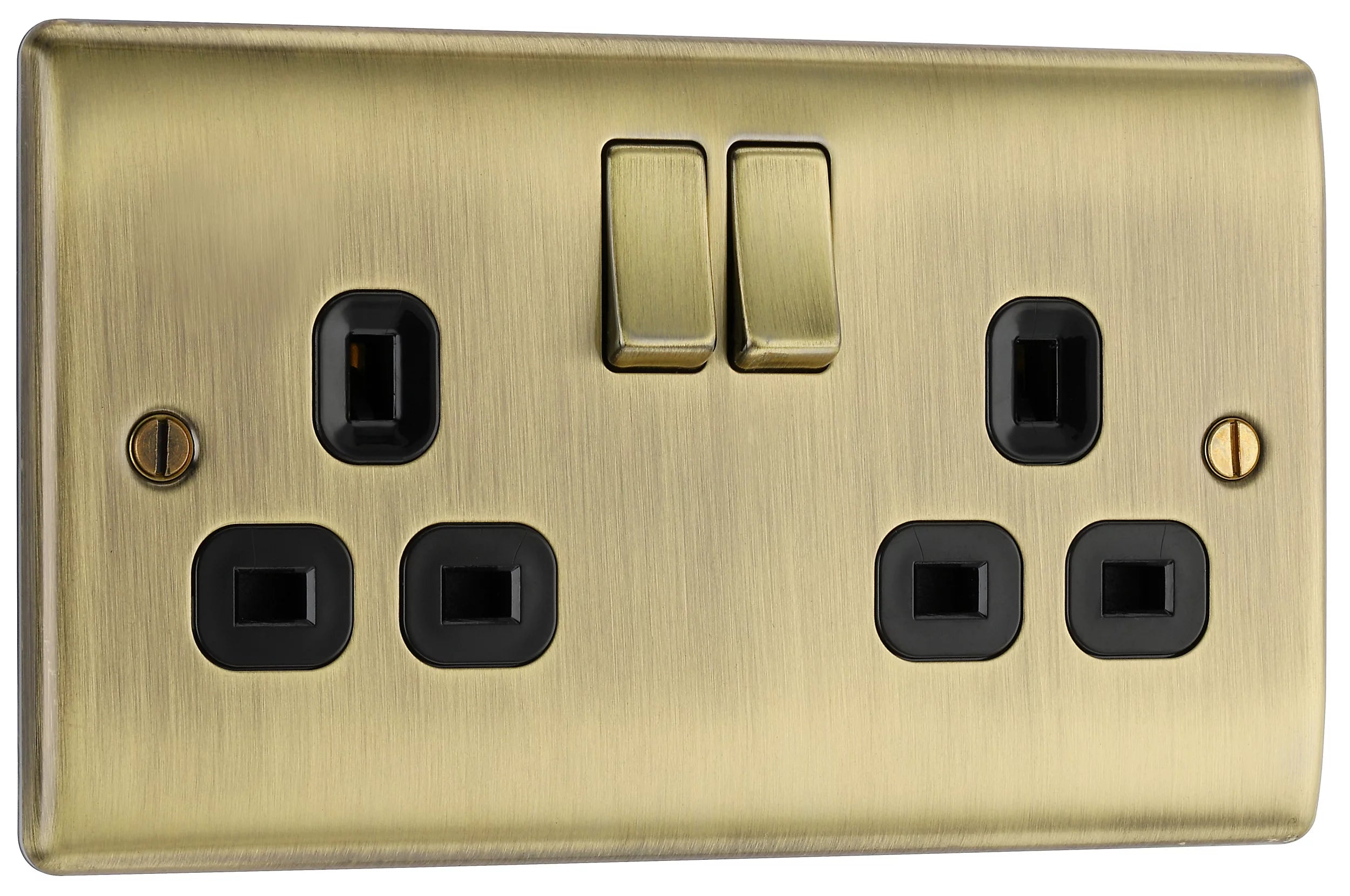 BG Antique Brass Double 13A Switched Socket & Black inserts-4025