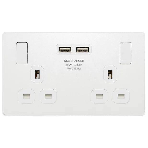 British General Double 13A Screwless Switched Gloss White Socket with USB x2 3.1A & White inserts- 2897