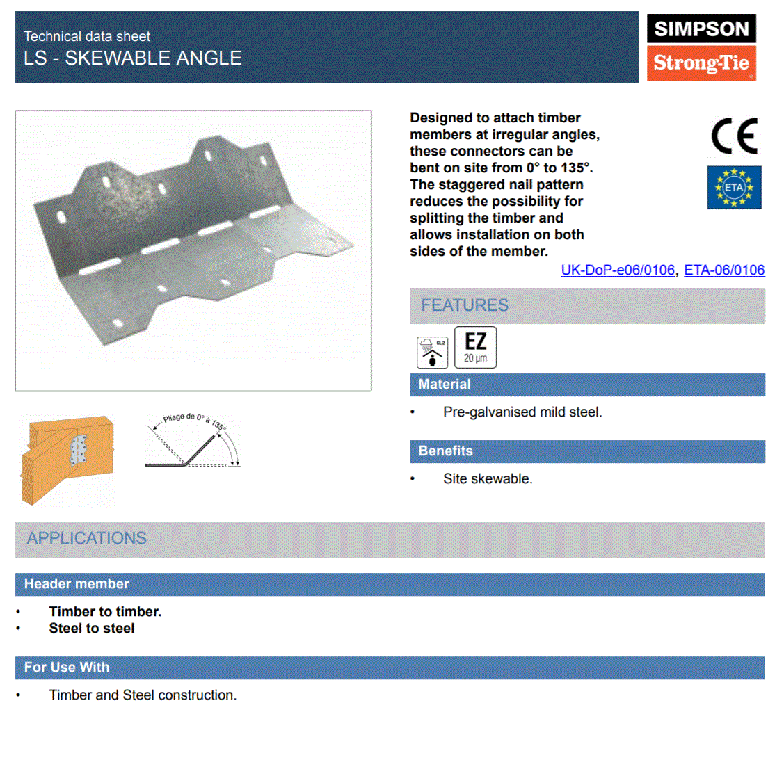 Simpson Strong-Tie LS30 85mm Skewable 0-135 Degree Angle Bracket 1.2mm Pre-Galv